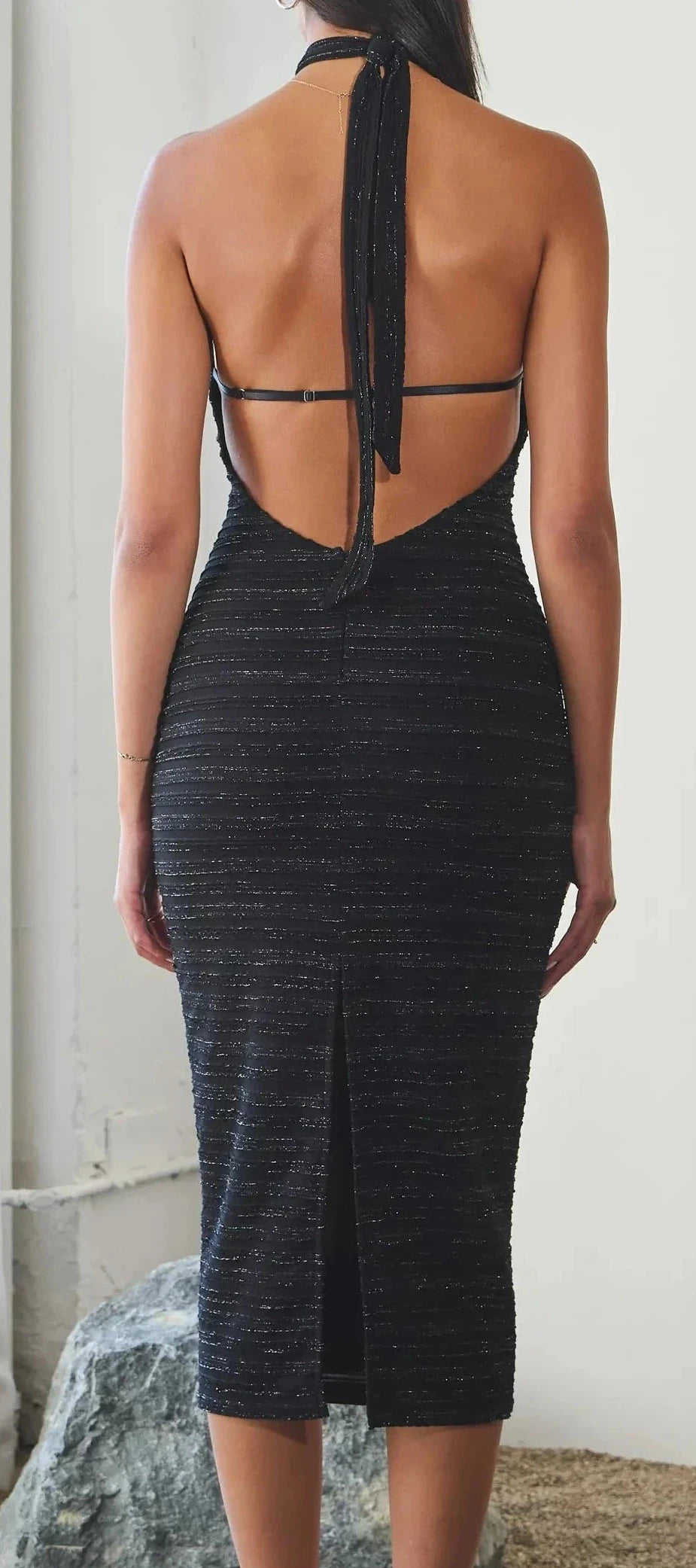 Metallic Thread Textured Halter Neck Midi Dress