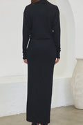 Cowl Neck Collared Maxi Dress w Side Slit
